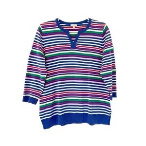 TALBOTS sweater size M blue pink striped cotton 3/4 length sleeves